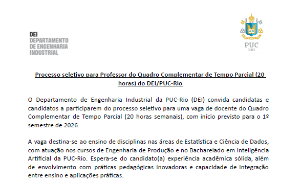Call for Applications – Part-Time Faculty Position (20h) – DEI/PUC-Rio