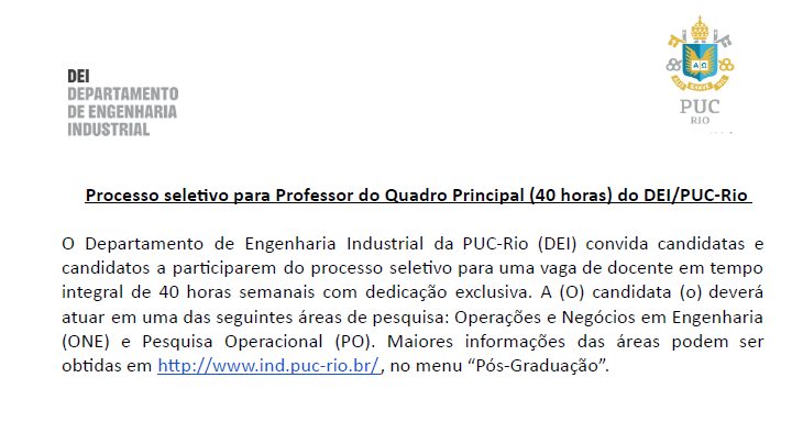 Edital Concurso Quadro Principal 40h – DEI/PUC-Rio