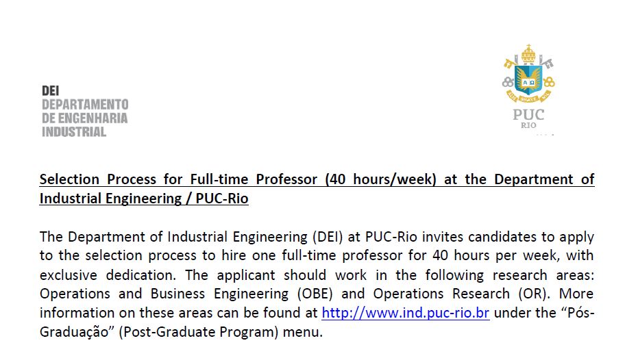 Selection Process for Full-time Professor (40 hours/week) at the Department of Industrial Engineering / PUC-Rio